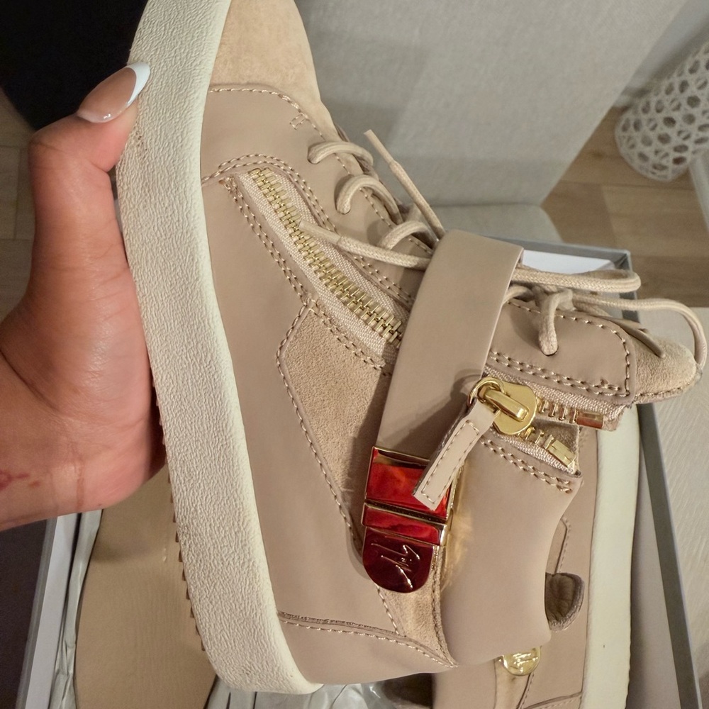 Nude Beige High-Top Fashion Sneaker with Gold Accent